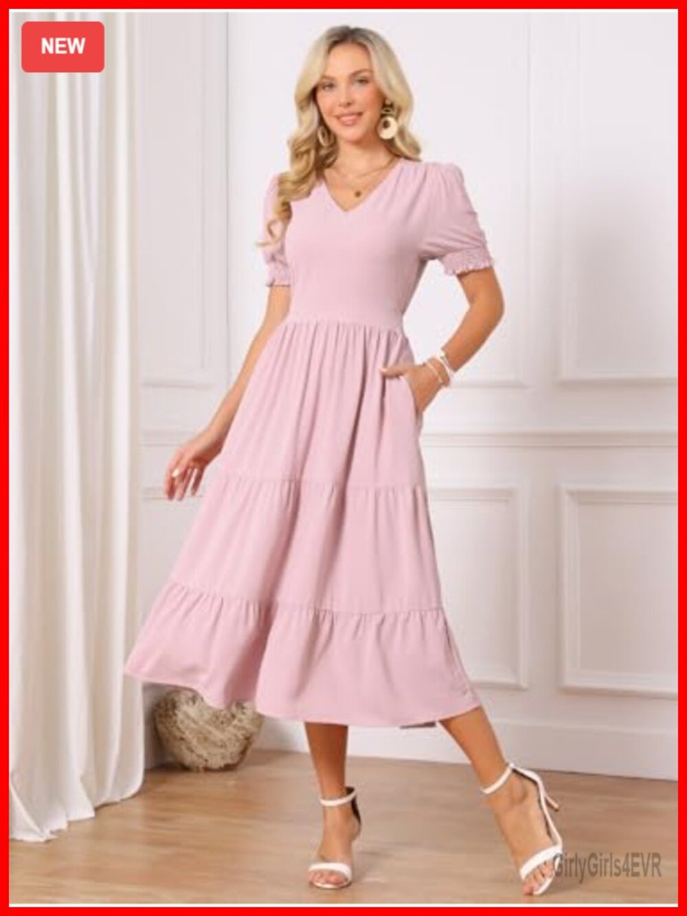 Women's V-Neck Smocked Short Sleeve Tiered Midi Dress with Pockets - Picture 3 of 7